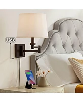 360 Lighting Vero Modern Swing Arm Wall Lamp with Usb Charging Port Oil Rubbed Bronze Plug-In Light Fixture Cream Drum Shade for Bedroom Bedside House