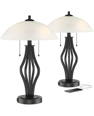 360 Lighting Heather Modern Accent Table Lamps 21" High Set of 2 with Usb Port and Ac Power Outlet in Dark Metal Base Glass Dome Shade for Living Room