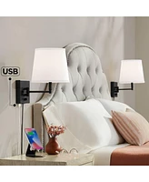 360 Lighting Lanett Modern Swing Arm Wall Lamps Set of 2 with Usb Charging Port Black Plug-In Light Fixture White Fabric Shade for Bedroom Bedside Hou