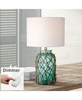 360 Lighting Crosby Coastal Beach Style Accent Table Lamp with Table Top Dimmer 22.5" High Blue Green Glass Rope Netting Off White Fabric Drum Shade f