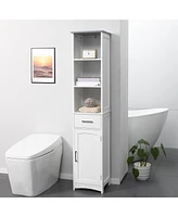 Kleankin Tall Bathroom Storage Cabinet with 3 Tier Shelf, Cupboard, Drawer, Door, Freestanding Linen Tower, Slim Side Organizer, White