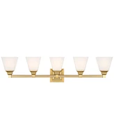 Regency Hill Mencino-Opal Modern Wall Mount Light Warm Brass Gold Metal Hardwired 35 1/4" Wide 5-Light Fixture Etched White Glass Shades for Bathroom