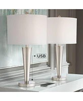 360 Lighting Geoff Modern Table Lamps 26" Tall Set of 2 with Usb Charging Port Brushed Nickel Metal White Drum Shade for Bedroom Living Room House Des