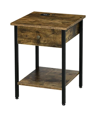 Homcom End Table with Wireless Charging Station, 2 Usb Ports, Rustic Brown