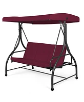 Costway Converting Outdoor Swing Canopy Hammock 3 Seats Patio Deck Furniture Wine Red