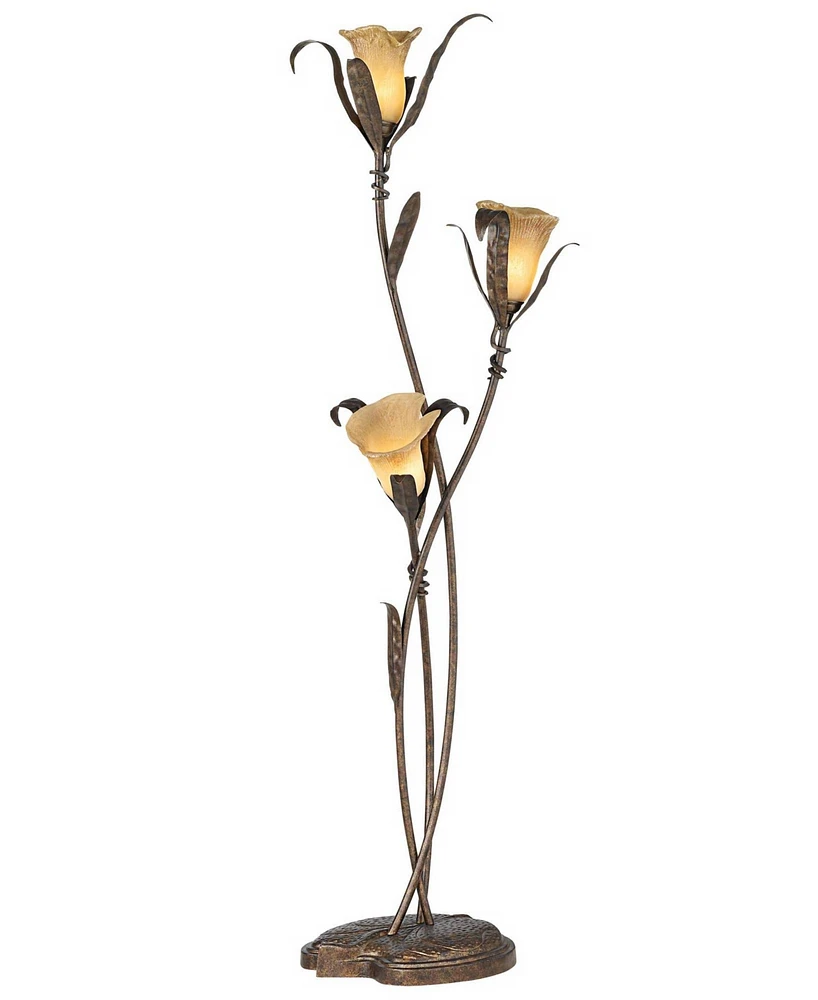 Franklin Iron Works Rustic Farmhouse Sculptural Floor Lamp Standing 68 1/4" Tall Bronze Gold 3-Light Amber Glass Intertwined Lily Flower Shade for Liv