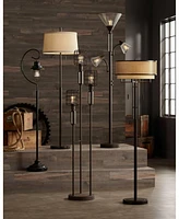 Franklin Iron Works Alamo Industrial Rustic Farmhouse Standing Floor Lamp 62" Tall Bronze Sheer Brown Organza Linen Fabric Double Drum Shades for Livi