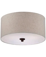 Regency Hill Sylvan Modern Ceiling Light Semi Flush-Mount Fixture 14" Wide Bronze 3-Light Oatmeal Fabric Drum Shade for Bedroom Kitchen Living Room Ha