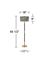 Possini Euro Design Halifax Modern Industrial Floor Lamp 64 1/2" Tall Matte Black Warm Gold Metal Caged Outer Organza Inner Drum Shade for Living Room