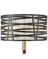 Possini Euro Design Halifax Modern Industrial Floor Lamp 64 1/2" Tall Matte Black Warm Gold Metal Caged Outer Organza Inner Drum Shade for Living Room