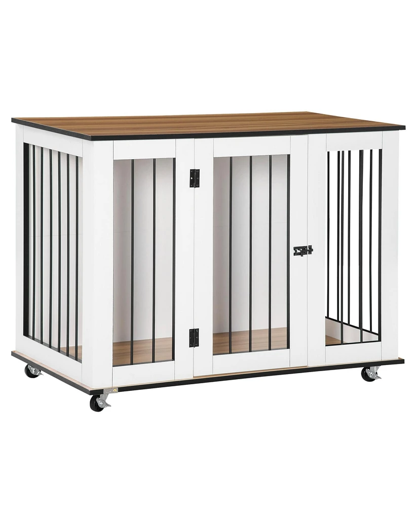 PawHut Modern Dog Crate End Table with Easy to Clean Surface, Large Dog Crate Furniture on Wheels