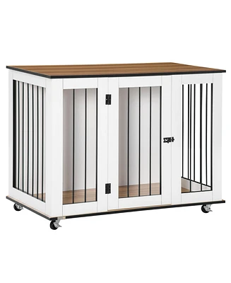 PawHut Modern Dog Crate End Table with Easy to Clean Surface, Large Dog Crate Furniture on Wheels