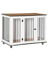 PawHut Modern Dog Crate End Table with Easy to Clean Surface, Large Dog Crate Furniture on Wheels