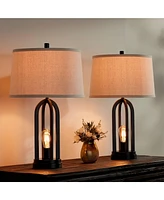 360 Lighting Marcel Modern Industrial Table Lamps 24 1/4" Tall Set of 2 with Led Nightlight Usb Port Black Metal Natural Linen Shade for Bedroom Livin