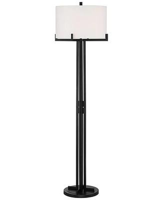 Possini Euro Design Madrid Modern Industrial Floor Lamp Standing 64" Tall Matte Black Metal White Linen Hardback Drum Shade for Living Room Reading Be