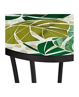 Teal Island Designs Tropical Leaves Black Metal Round Outdoor Accent Side Table 14" Wide Green Mosaic Tabletop Gracefully Curved Legs for Spaces Front