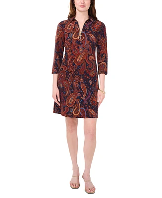 Msk Women's Paisley Collared Zip-Neck 3/4-Sleeve Dress