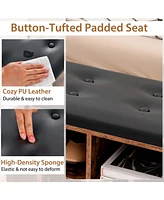 Wooden Shoe Bench 10-Cube Storage Organizer with Padded Cushion & Umbrella Holder
