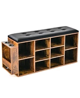 Wooden Shoe Bench 10-Cube Storage Organizer with Padded Cushion & Umbrella Holder