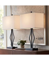360 Lighting Ally Modern Table Lamps 26 1/2" Tall Set of 2 with Usb Charging Port Black Metal Rectangular Fabric Shade for Bedroom Living Room House H