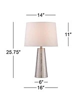 Modern Table Lamp 25 3/4" High Silver Leaf Hammered Textured Metal Off White Fabric Drum Shade Decor for Bedroom Living Room House Home Bedside Nights