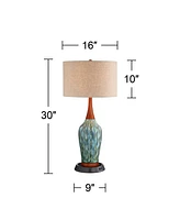 360 Lighting Rocco Mid Century Modern Table Lamp with Dimmable Usb Workstation Charging Base 30" Tall Blue Teal Ceramic Cherry Wood Linen Drum Shade f