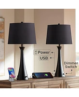 Karl Modern Table Lamps Set of 2 with Usb and Ac Power Outlet in Base 28 1/4" Tall Black Metal Faux-Silk Drum Shade for Bedroom Living Room Bedside Ni