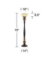 Barnes and Ivy Rita Traditional Victorian Torchiere Floor Lamp 75" Tall Carved Wood Amber Glass Shade Foot Dimmer Standing Light for Living Room Readi