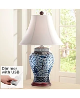 Shonna Traditional Asian Style Jar Table Lamp with Usb Charging Port 27" Tall Blue White Floral Porcelain Flared Bell Shade for Living Room Bedroom Ho