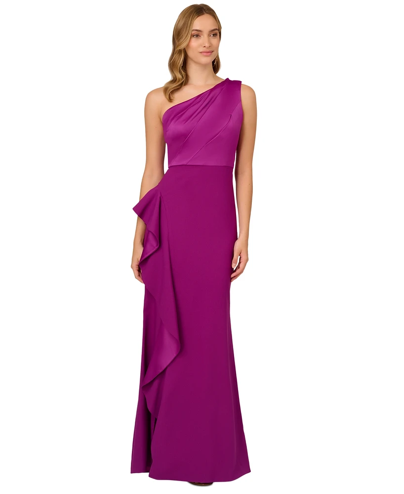 Adrianna Papell One-Shoulder Satin-Trim Draped Gown