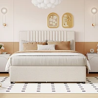 Full Size Upholstered Platform Bed With 2 Drawers And 1 Twin Size Trundle, Classic Headboard Design