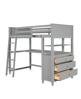 Simplie Fun Twin Size Loft Bed With Drawers And Desk, Wooden Loft Bed With Shelves