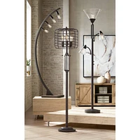 Franklin Iron Works Warwick Industrial Torchiere Tree Floor Lamp Led 3-Light Edison 71.5" Tall Tiger Bronze Metal Clear Seedy Glass Shade for Living R