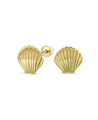 Bling Jewelry Petite Tiny Nautical Sea Life Clam Shell Real Yellow 14K Gold Stud Earrings For Women Teen Secure Screw back