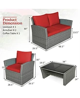 Sugift 4 Pieces Patio Rattan Furniture Set Sofa Table with Storage Shelf Cushion