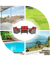 Sugift 4 Pieces Patio Rattan Furniture Set Sofa Table with Storage Shelf Cushion