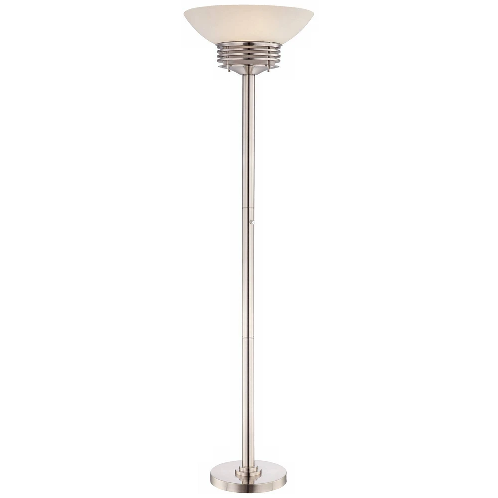 Possini Euro Design Light Blaster Art Deco Torchiere Floor Lamp Led 72.5" Tall Brushed Nickel Silver Frosted White Glass Bowl Standing Pole Light For