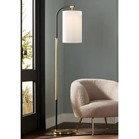 Possini Euro Design Sausalito Mid Century Modern Downbridge Floor Lamp 67" Tall Warm Gold Black Metal Linen Blend Fabric Cylinder Shade for Living Roo