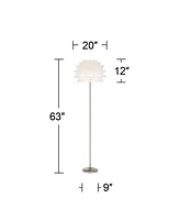 Possini Euro Design Modern Art Deco Floor Lamp Standing 63" Tall Brushed Steel Silver Metal Thin Column White Acrylic Petal Flower Shade Decor for Liv