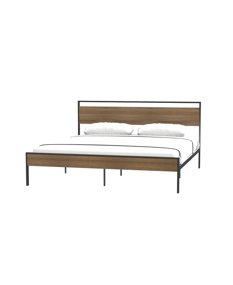 Simplie Fun Ceres Metal Bed, Black with Cinnamon Wood Headboard&Footboard, King