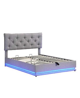 Simplie Fun Gray Upholstered Bed with Storage and Led Light