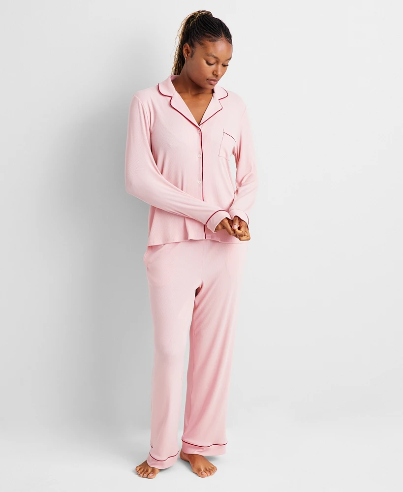 State of Day Women's 2-Pc. Packaged Ribbed Notched-Collar Pajamas Set Xs-3X, Created for Macy's