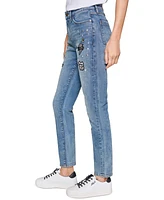 Karl Lagerfeld Paris Women's Super Stretch Embellished Straight-Leg Patch Jeans