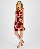 Taylor Women's Printed Chiffon Belted Dress