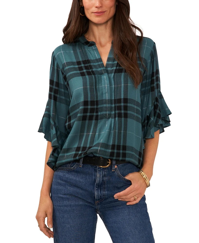 Vince Camuto Women's Plaid Pintuck Flutter 3/4-Sleeve Henley Blouse