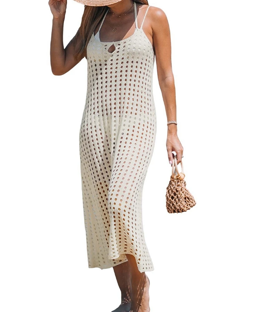 Cupshe Women's Beige Perforated Knit Sleeveless Keyhole Cover-Up