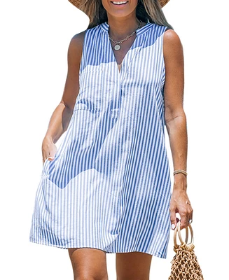 Cupshe Women's Blue & White Stripe Sleeveless V-Neck Mini Beach Dress