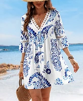 Cupshe Women's Floral Paisley Print Lace Beach Dress