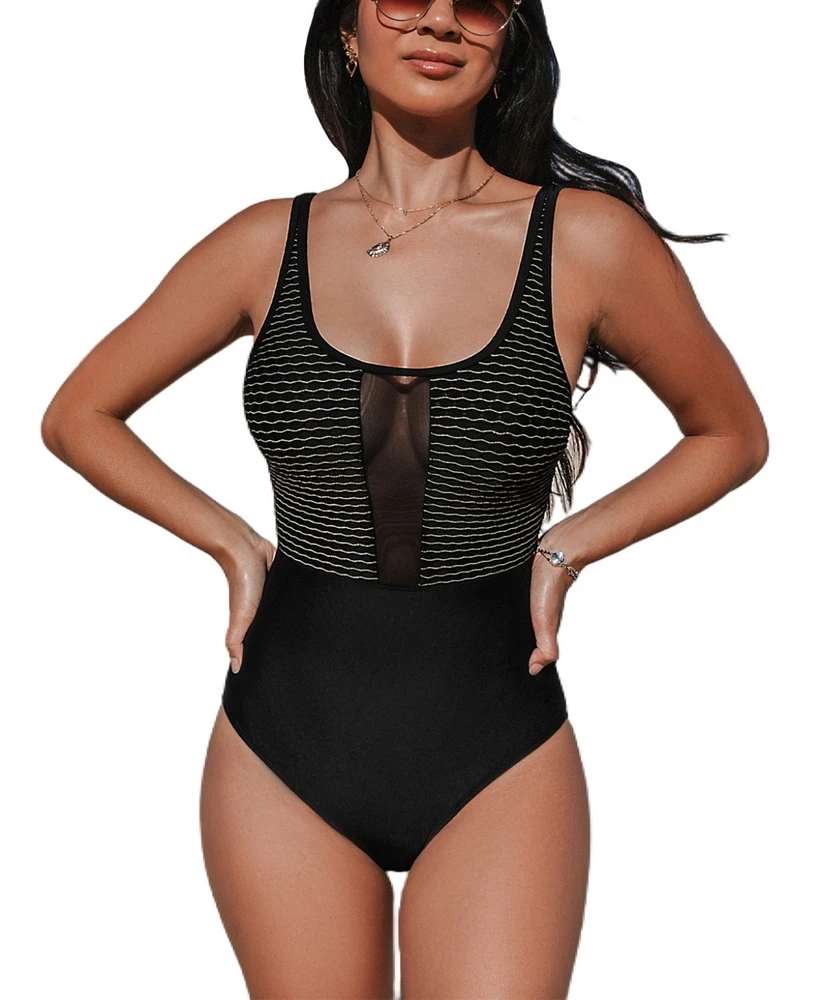 Cupshe Women's Black Mesh U-Neck Standard One-Piece