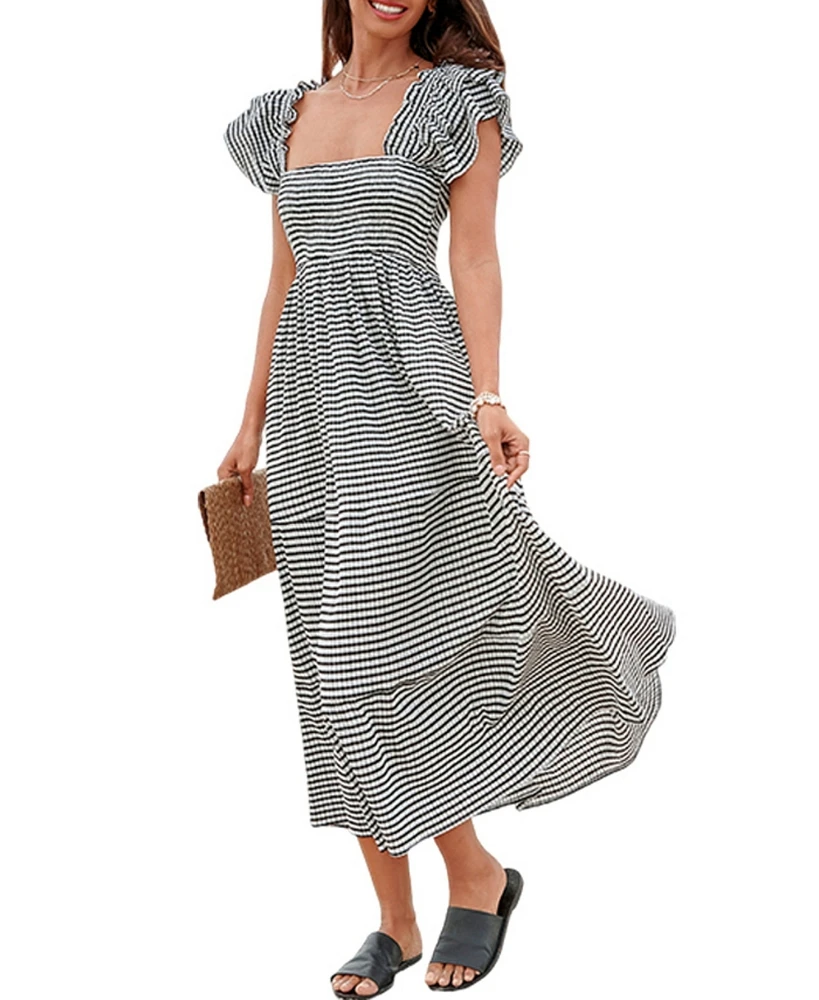 Cupshe Women's Gingham Bubble Sleeve Maxi Beach Dress